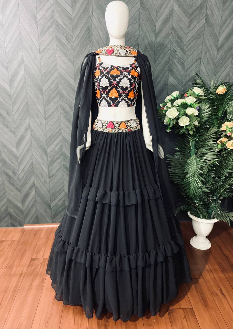 Black Lehenga Choli In Fox Georgette With Ruffles