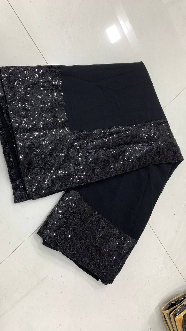 Black Saree In Georgette Silk With 3 MM Sequence Lace