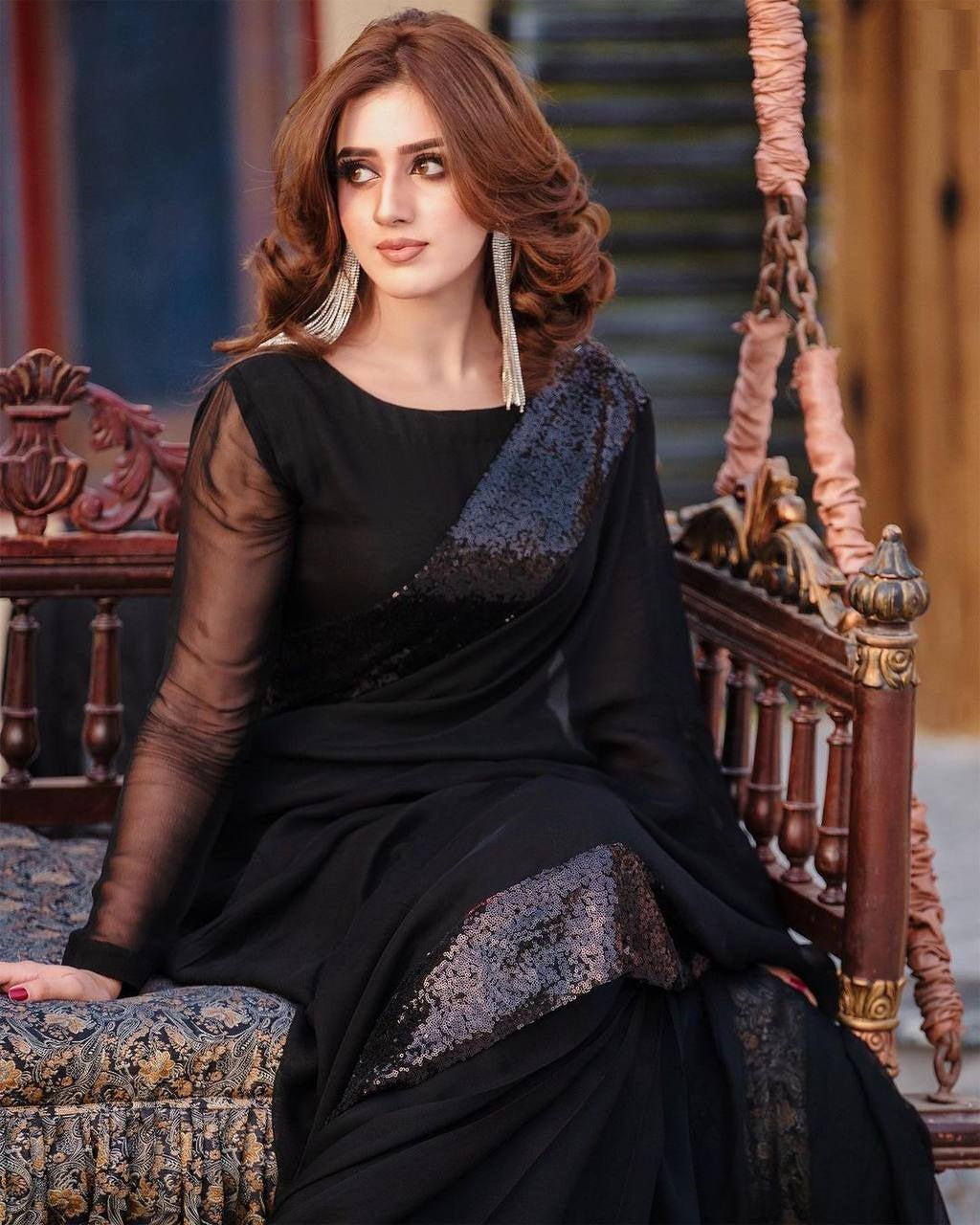 Black Saree In Georgette Silk With 3 MM Sequence Lace