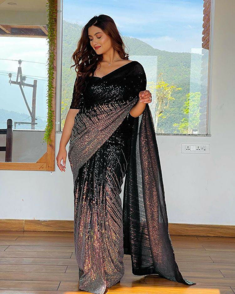 Black Saree In Georgette Silk With 5 MM Sequence Work