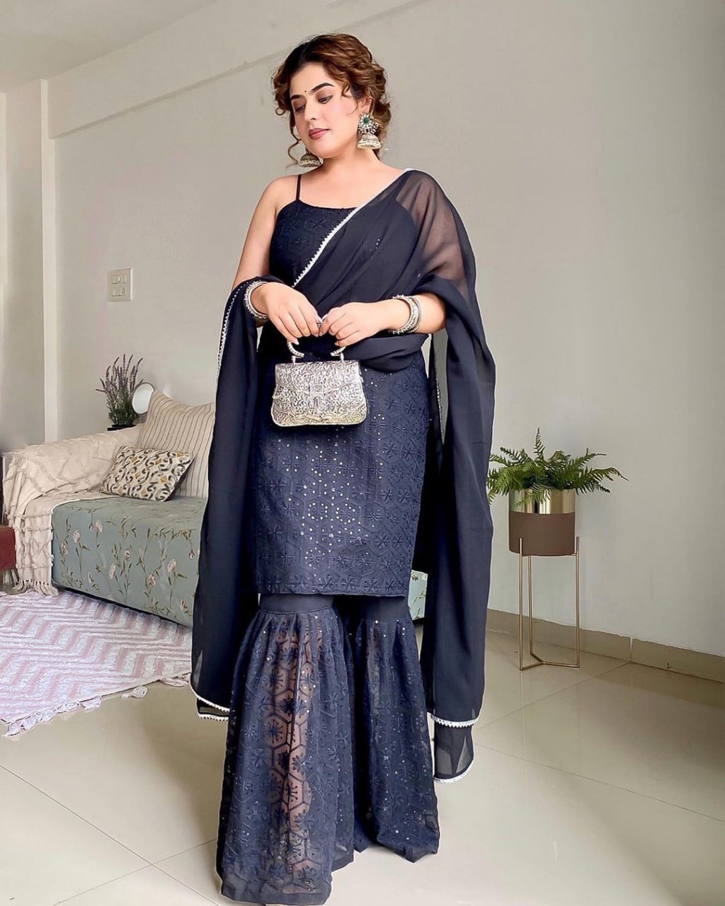 Black Sharara Suit In Georgette Silk With 5 MM Sequence Work