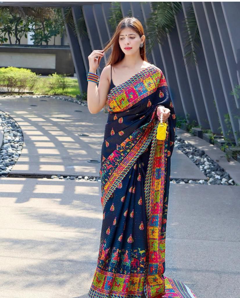 Black Saree  In Georgette Silk With Digital Print