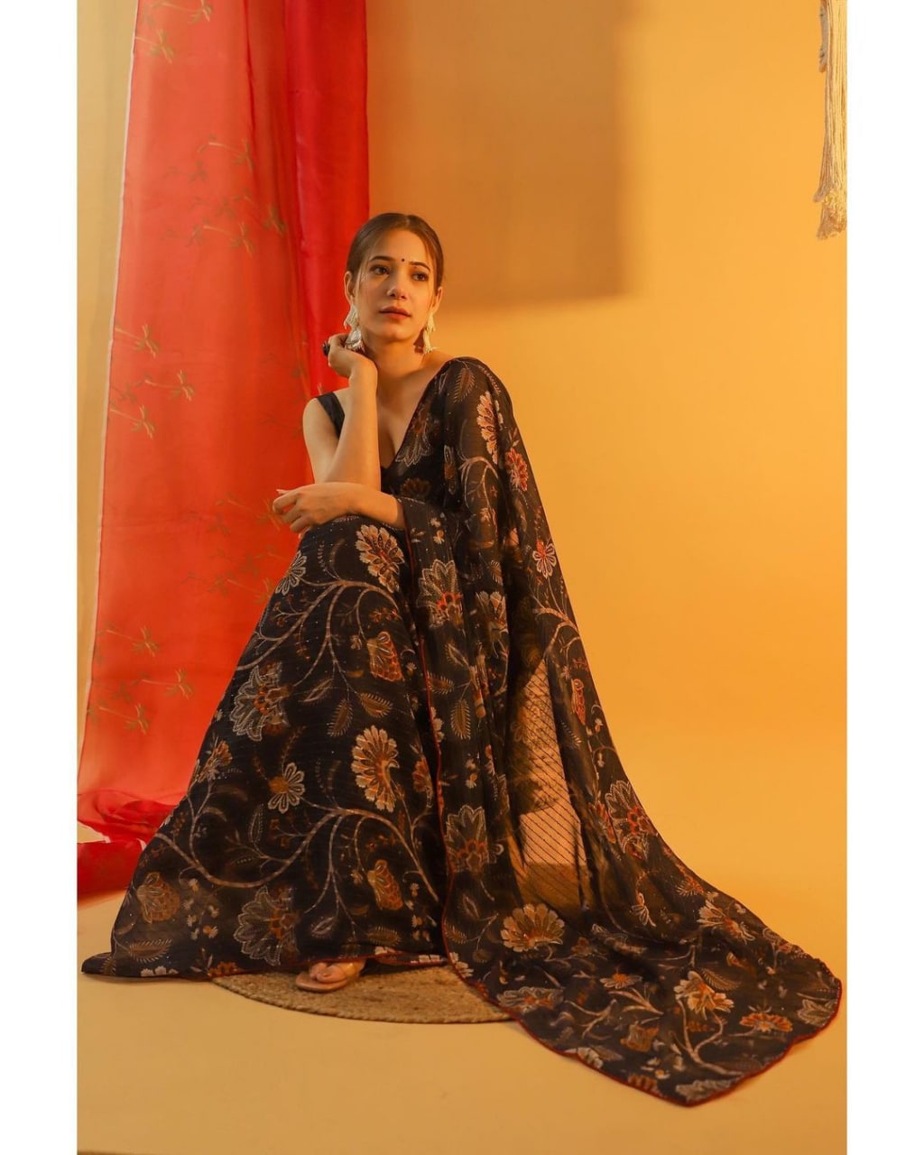 Black Saree In Georgette Silk With Digital Print