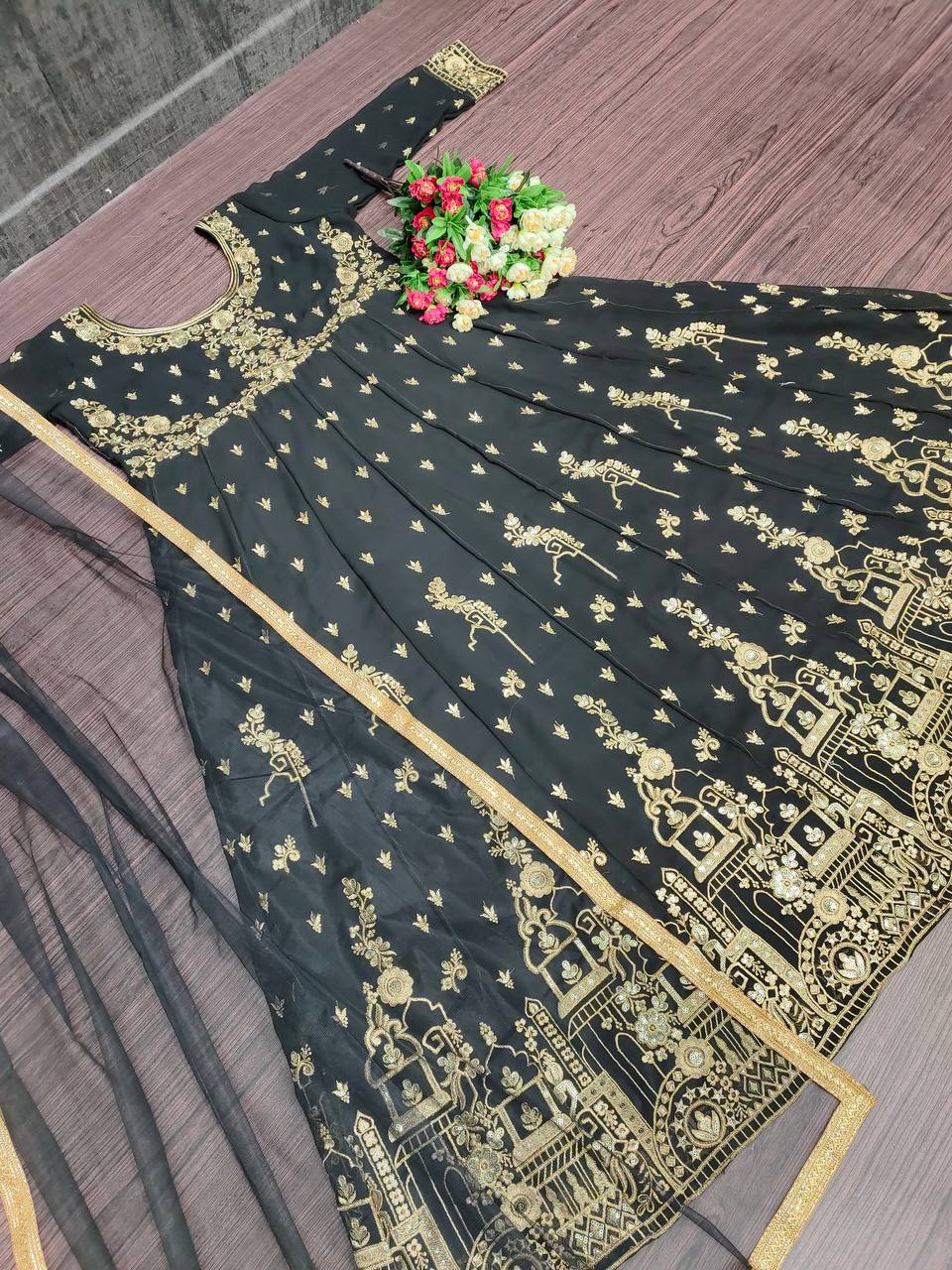 Black Anarkali Suit In Georgette Silk With Embroidery Work