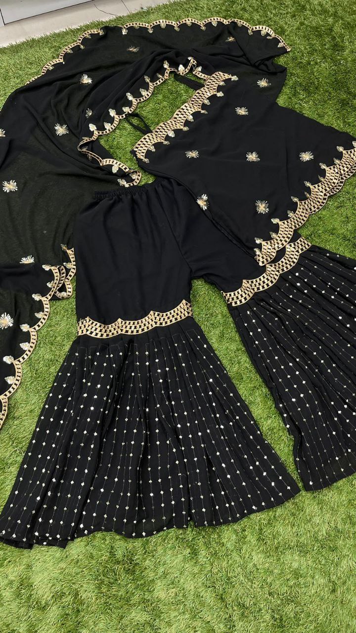 Black Sharara Suit In Georgette Silk With Embroidery Work