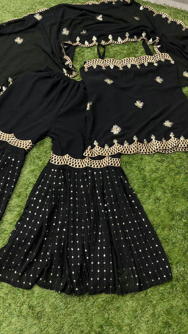 Black Sharara Suit In Georgette Silk With Embroidery Work