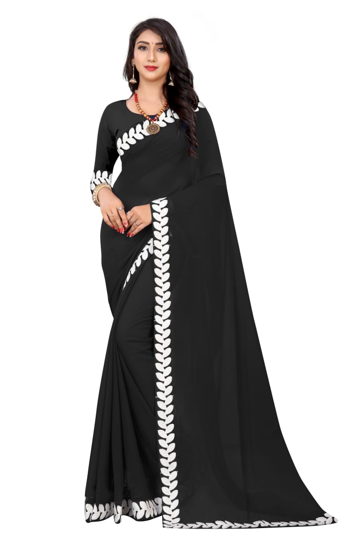 Black Saree In Georgette Silk With Fancy Lace Work