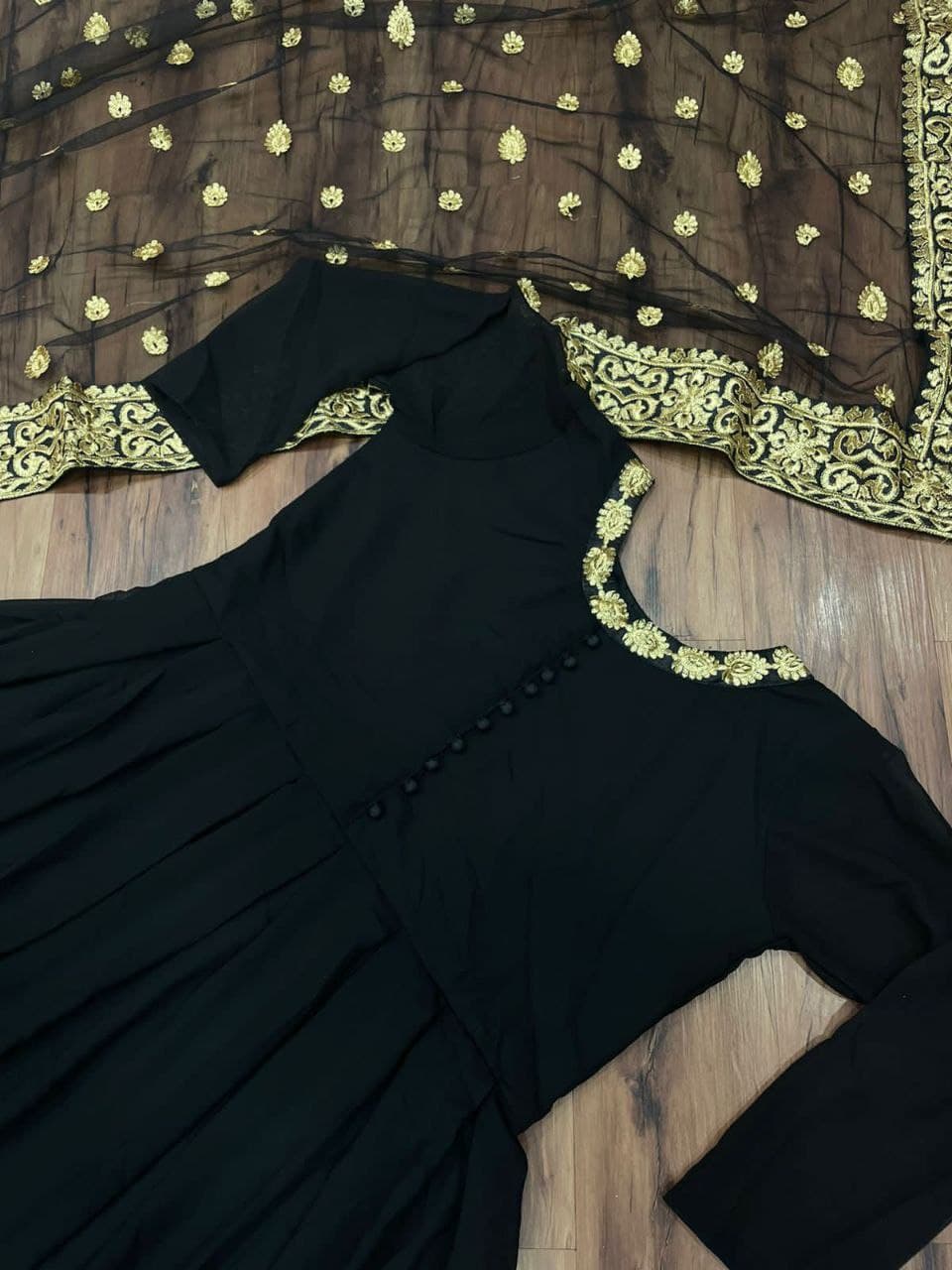 Buy Bunaai Black & Gold Designer Anarkali Suit Set For Women Online