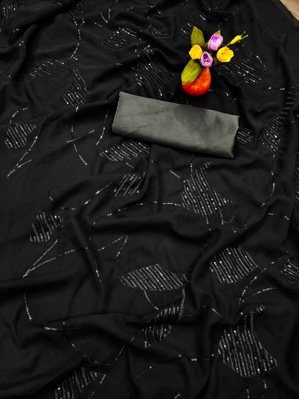 Black Saree In Georgette Silk With Sequence Work