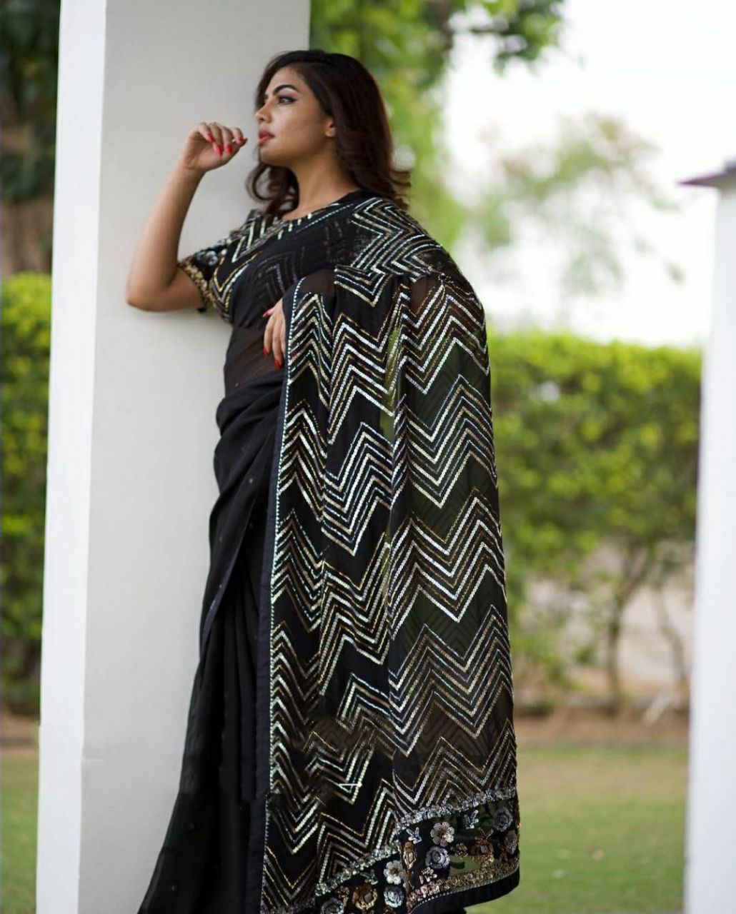 Black Saree In Georgette Silk With Sequence Work