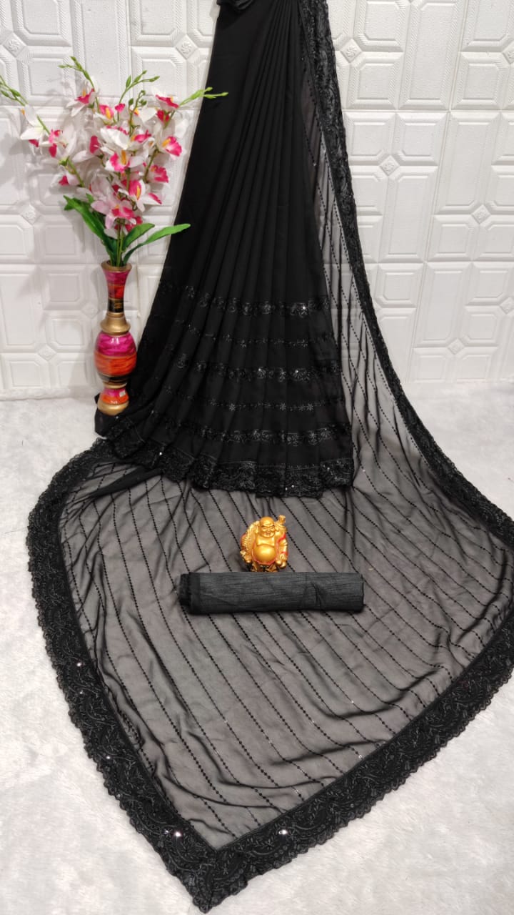 Black Saree In Georgette Silk With Sequence Work