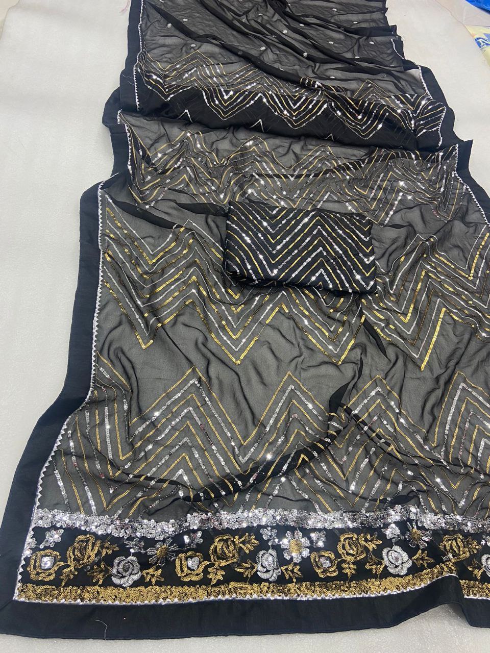 Black Saree In Georgette Silk With Sequence Work