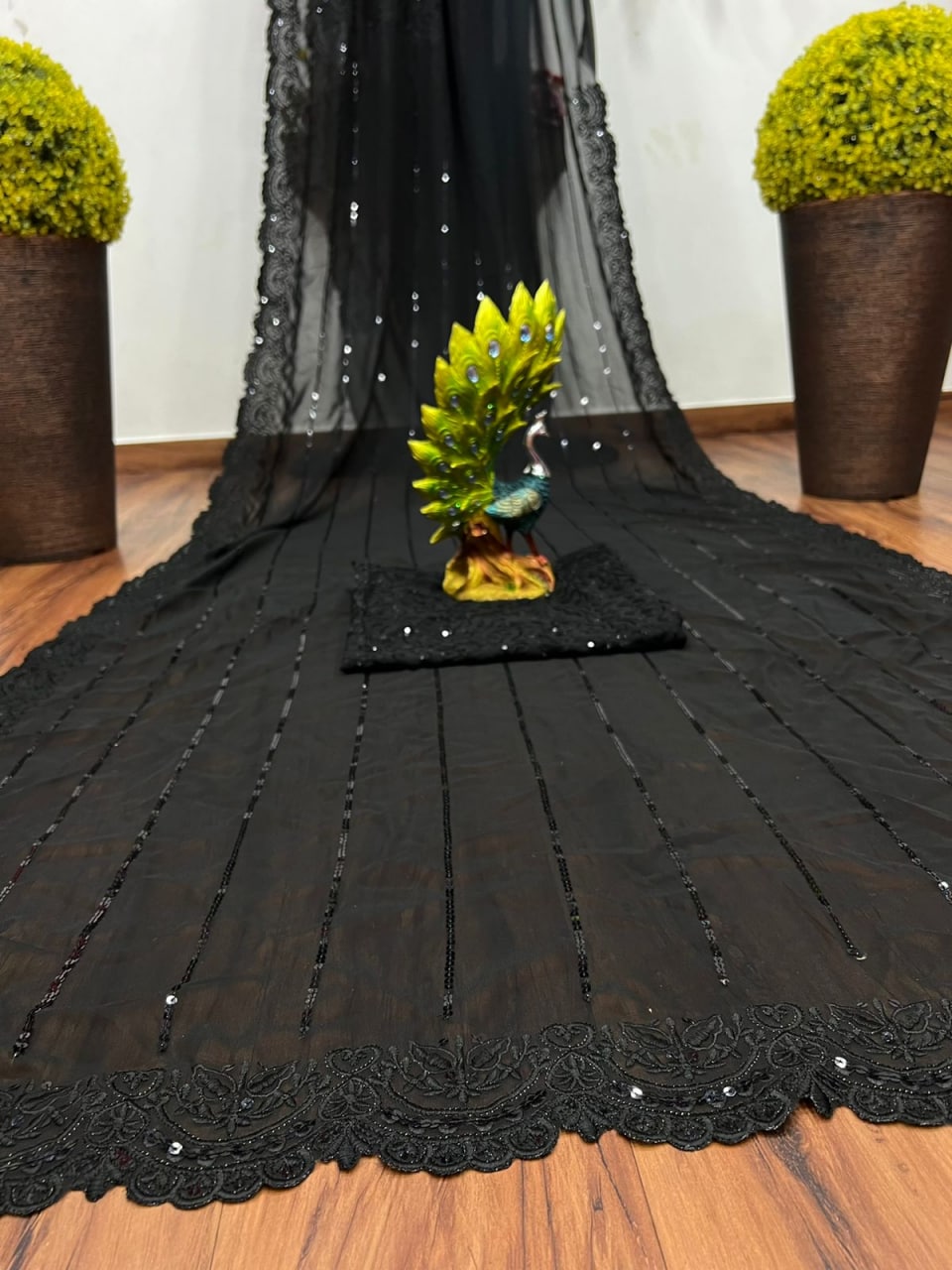 Black Saree In Georgette Silk With Sequence Work