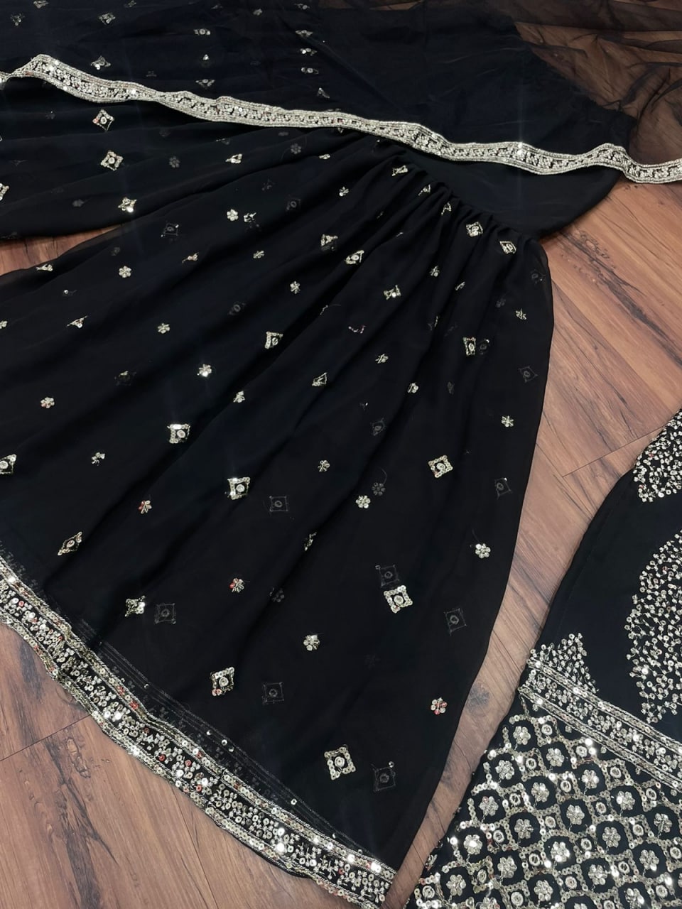 Black Sharara Suit In Georgette Silk With Thread Work