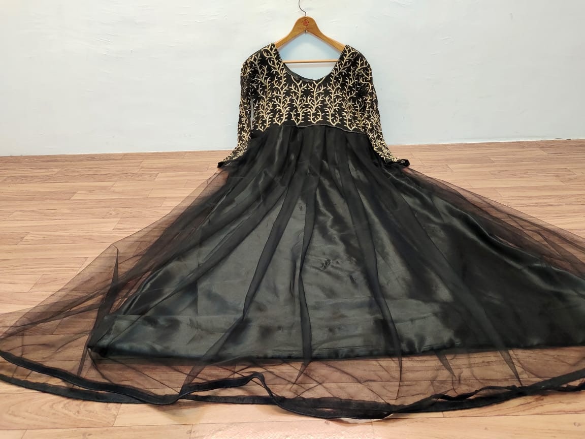 Black Georgette,Soft Nylon Net Embroidery Work Gown