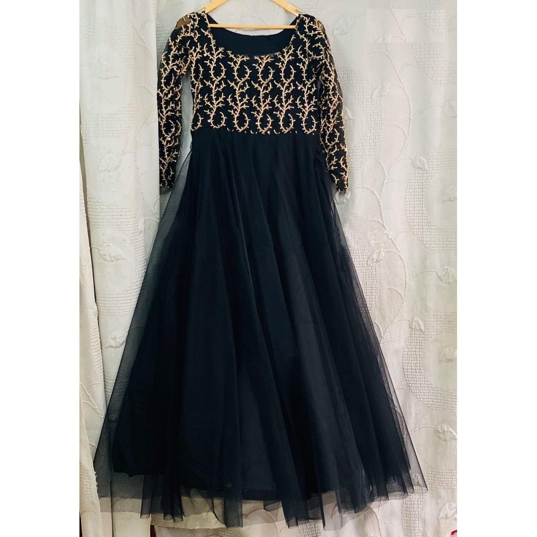 Black Georgette,Soft Nylon Net Embroidery Work Gown