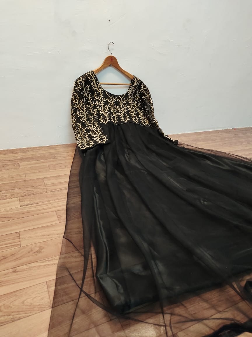 Black Georgette,Soft Nylon Net Embroidery Work Gown