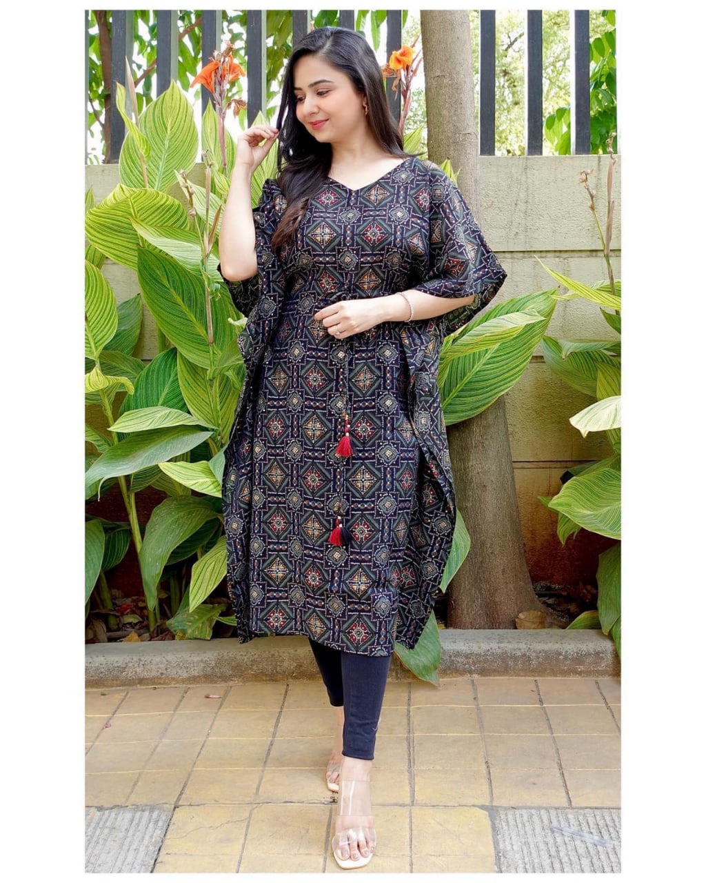 Black Heavy Butter Silk Digital Printed Kaftan Dress