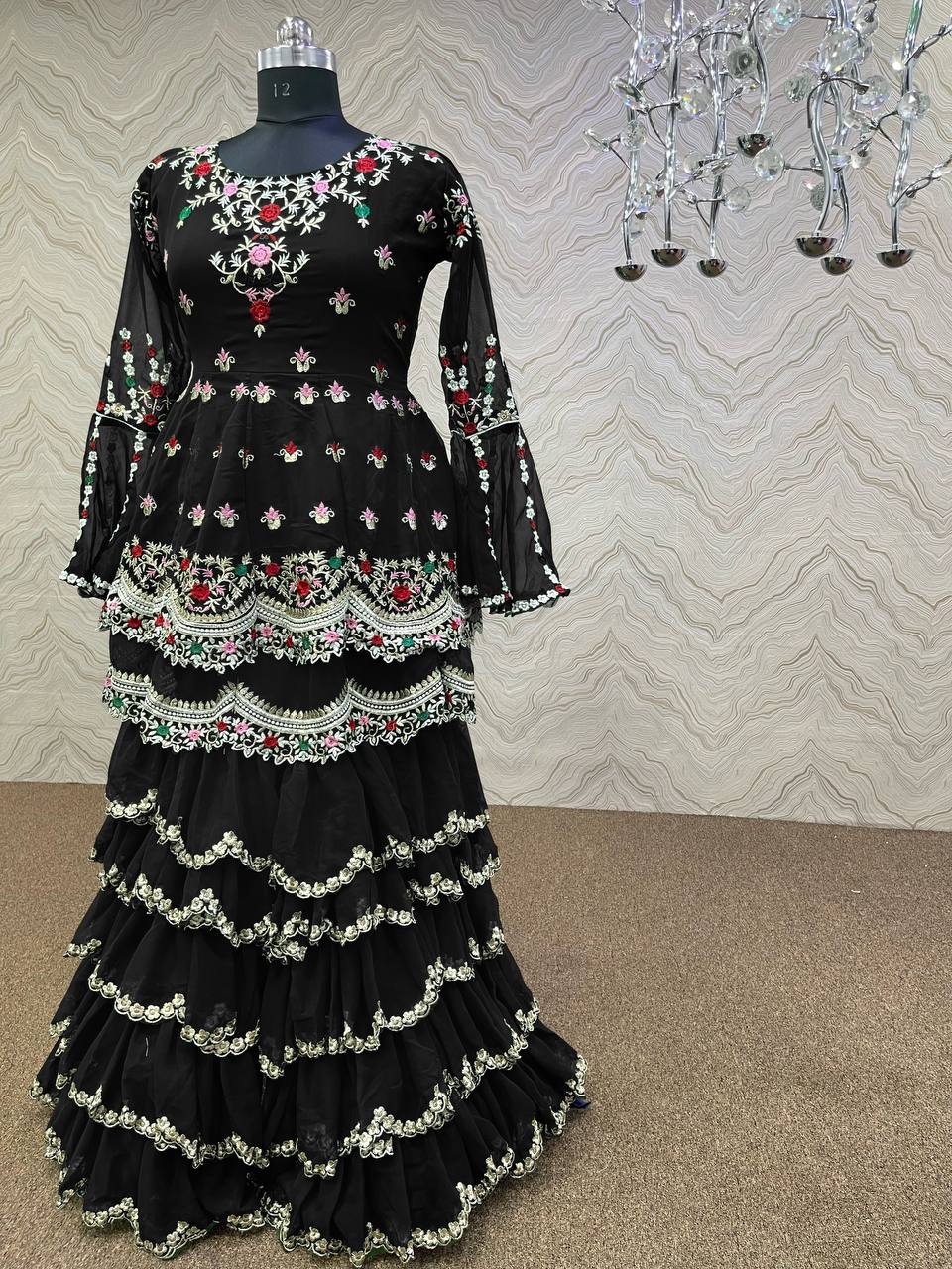 Black Sharara Suit In Heavy Faux Georgette Silk With Embroidery Work