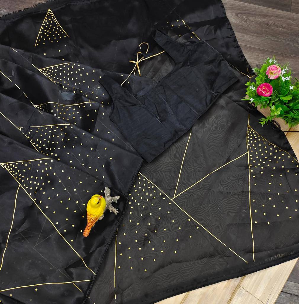 Black Heavy Organza Silk Foil Print Work Saree With Stitched Blouse