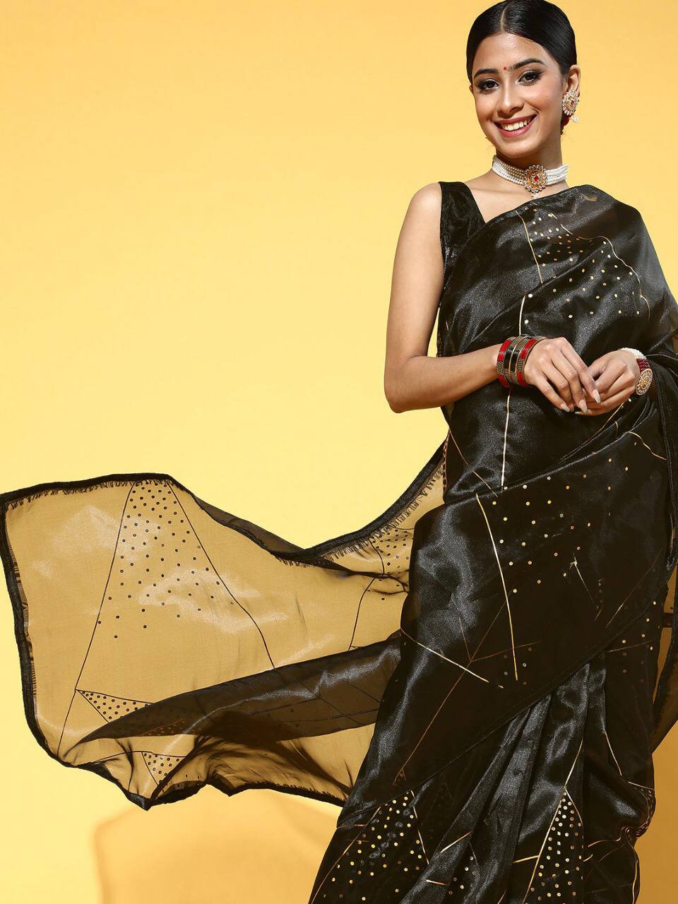 Black Heavy Organza Silk Foil Print Work Saree With Stitched Blouse