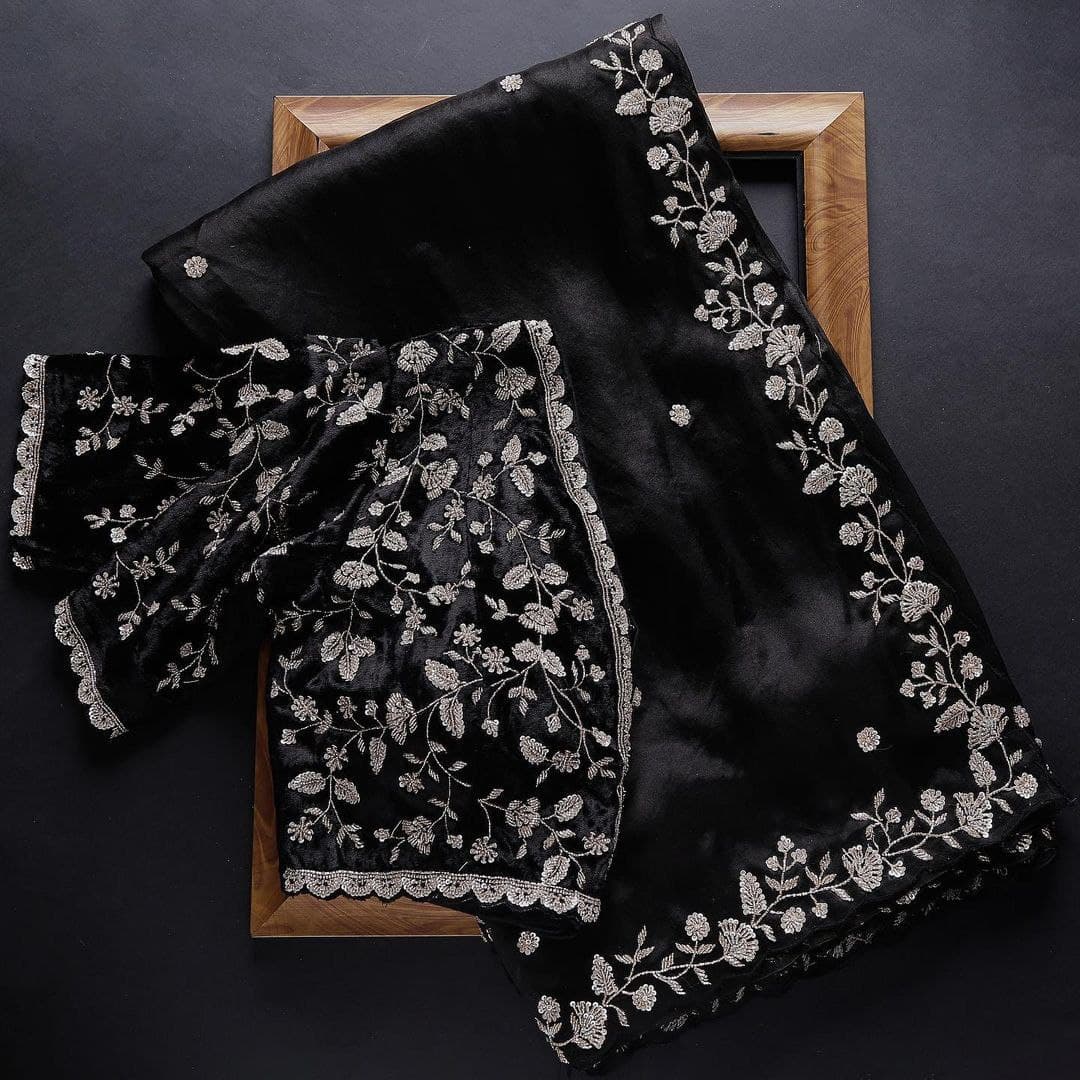 Black Saree In Organza Silk With Multi Zari Work