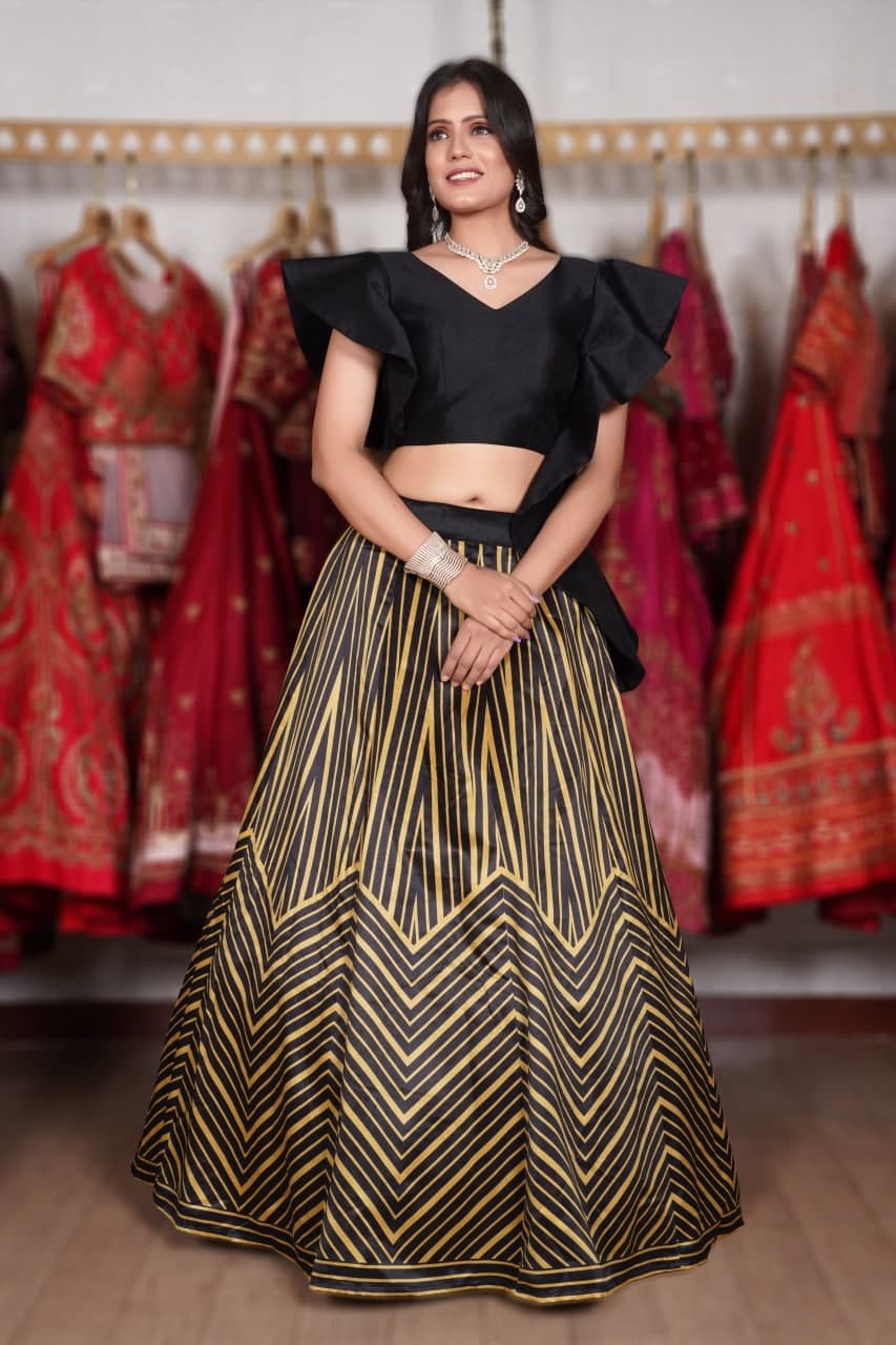 Black Lehenga Choli In Italian Silk With Digital Print