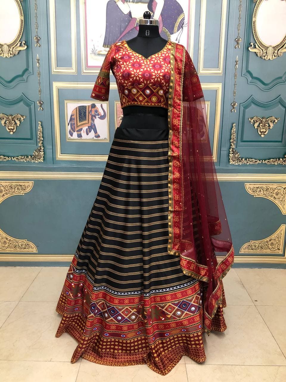 Black Lehenga Choli In Italian Silk With Digital Print