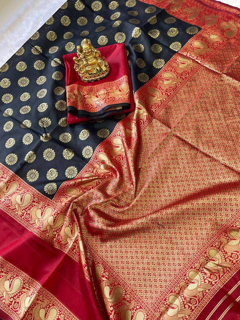 Black Lichi Silk Banarasi Saree With Blouse