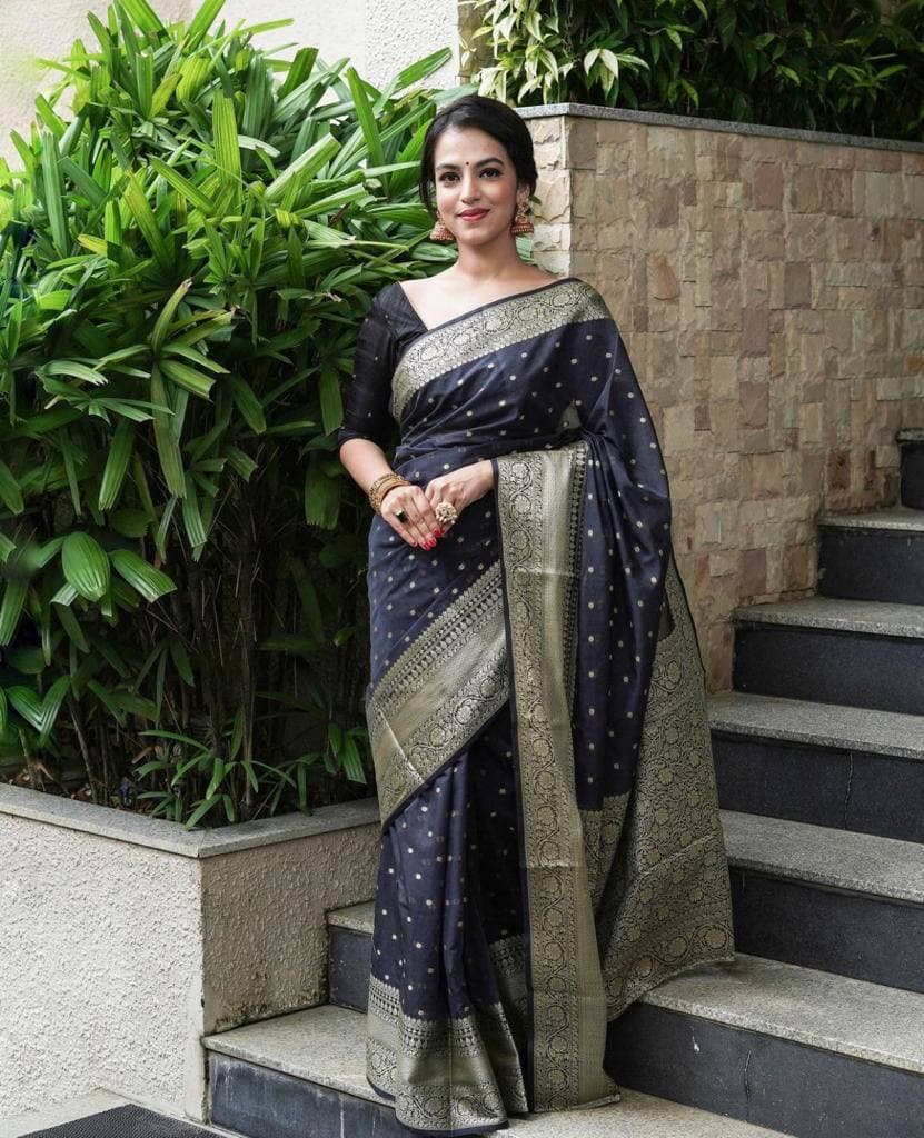 Black Lichi Silk Banarasi Wedding Wear Saree