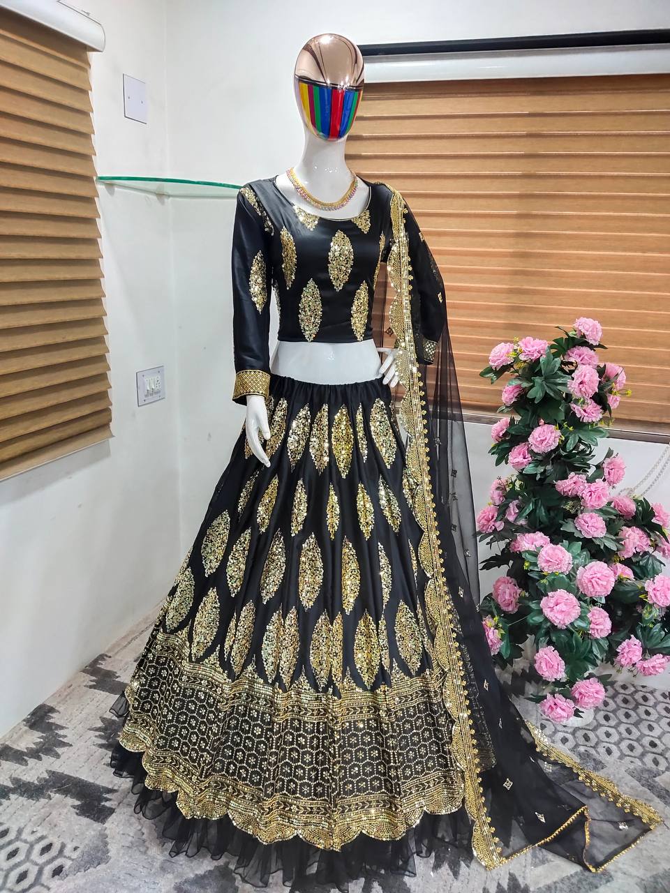 Black Lehenga Choli In Malai Satin Silk With Sequence Work