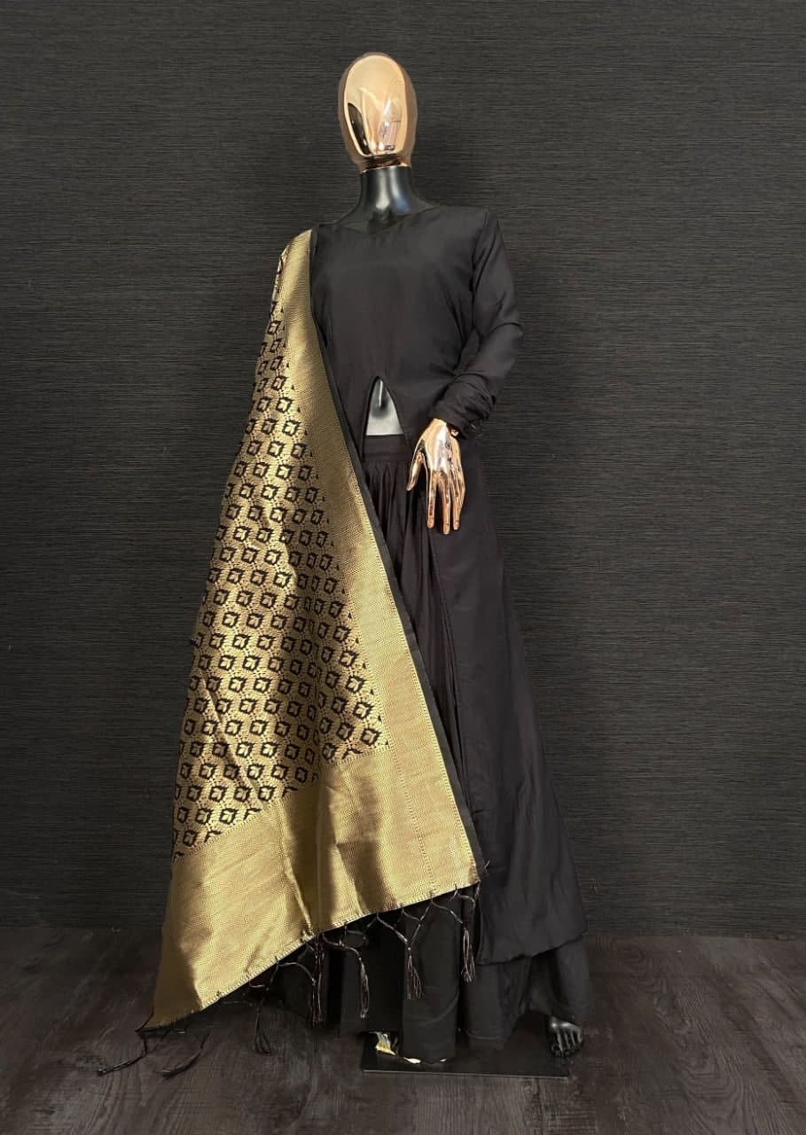Black Lehenga Choli In Maska Silk With Plain
