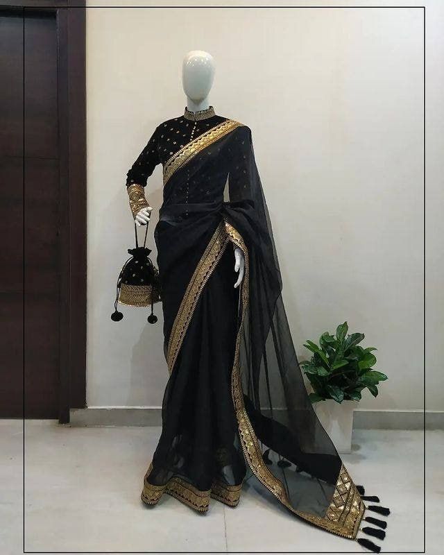 Black Saree In Nylon Mono Net With Sequence Work