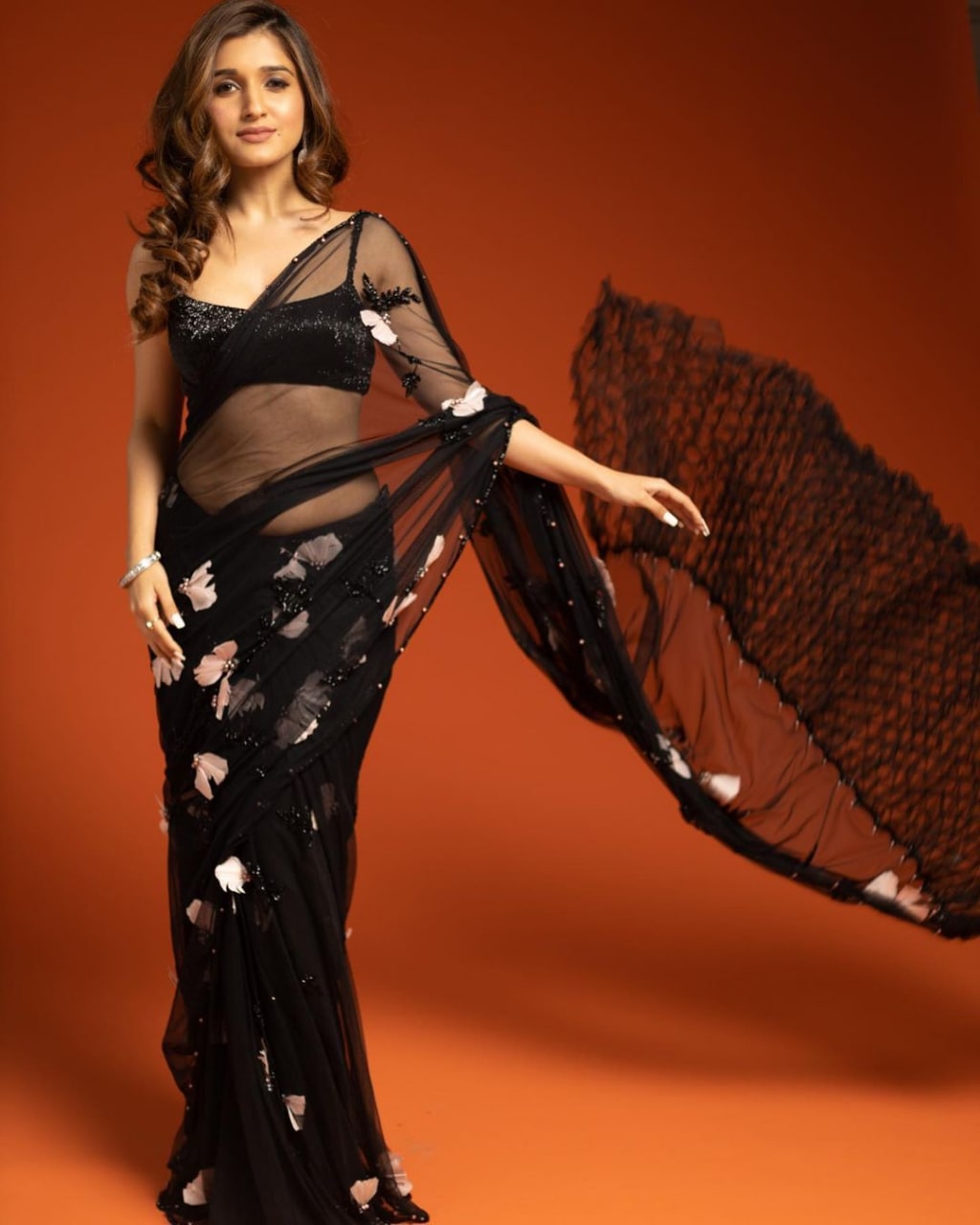 Black Saree In Nylon Mono Net With Sequence Work