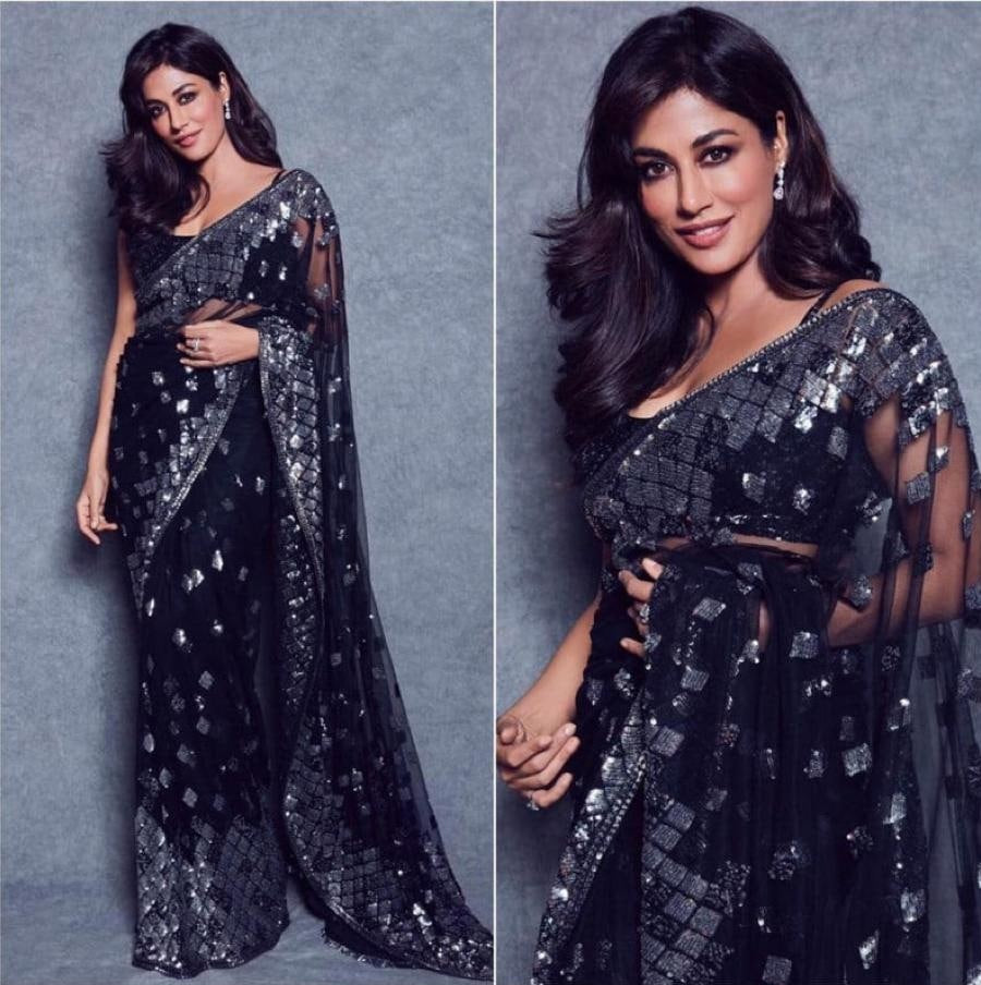 Black Saree In Nylon Mono Net With Sequence Work