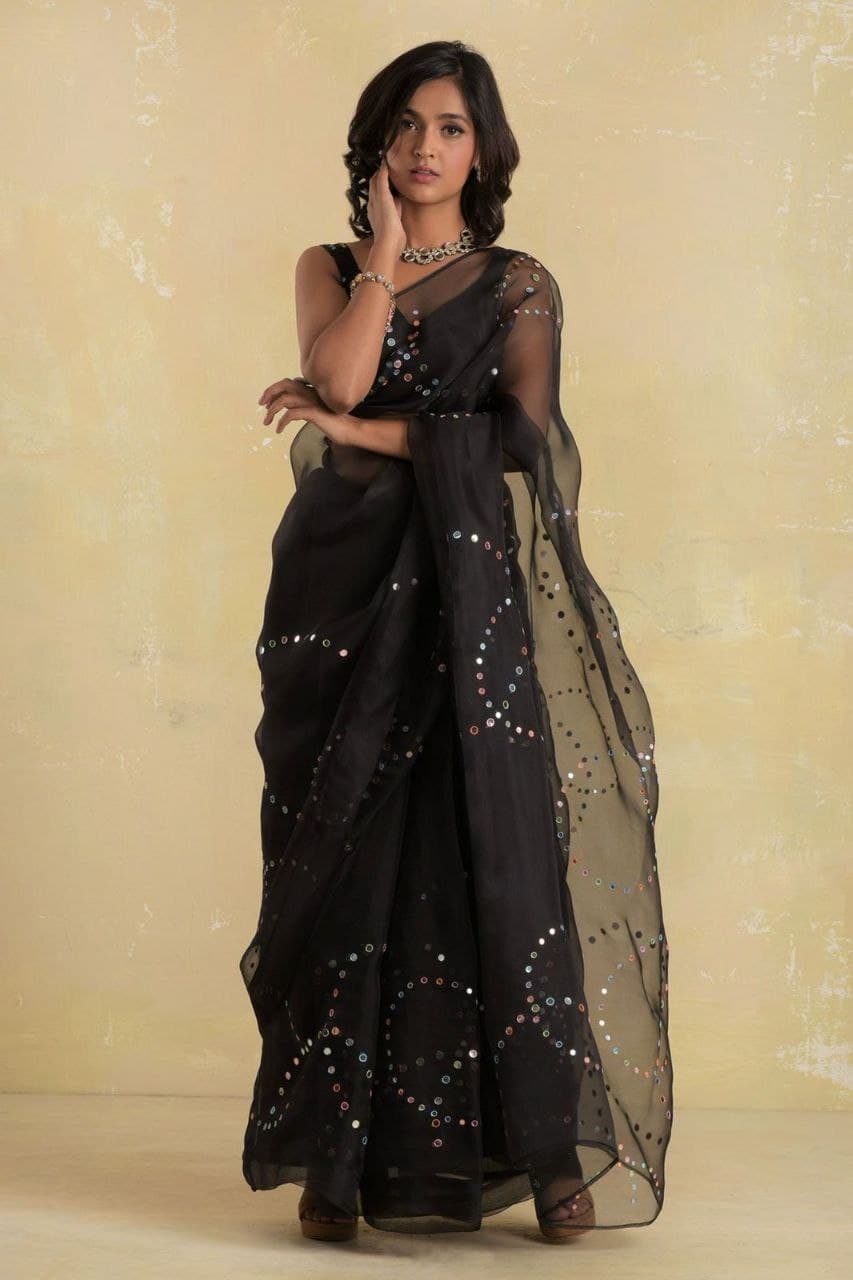 Black Saree In Organza Silk With Awsome Bubble Arco Work