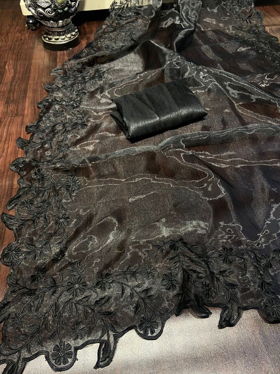 Black Saree In Organza Silk With Thread Embroidery Work