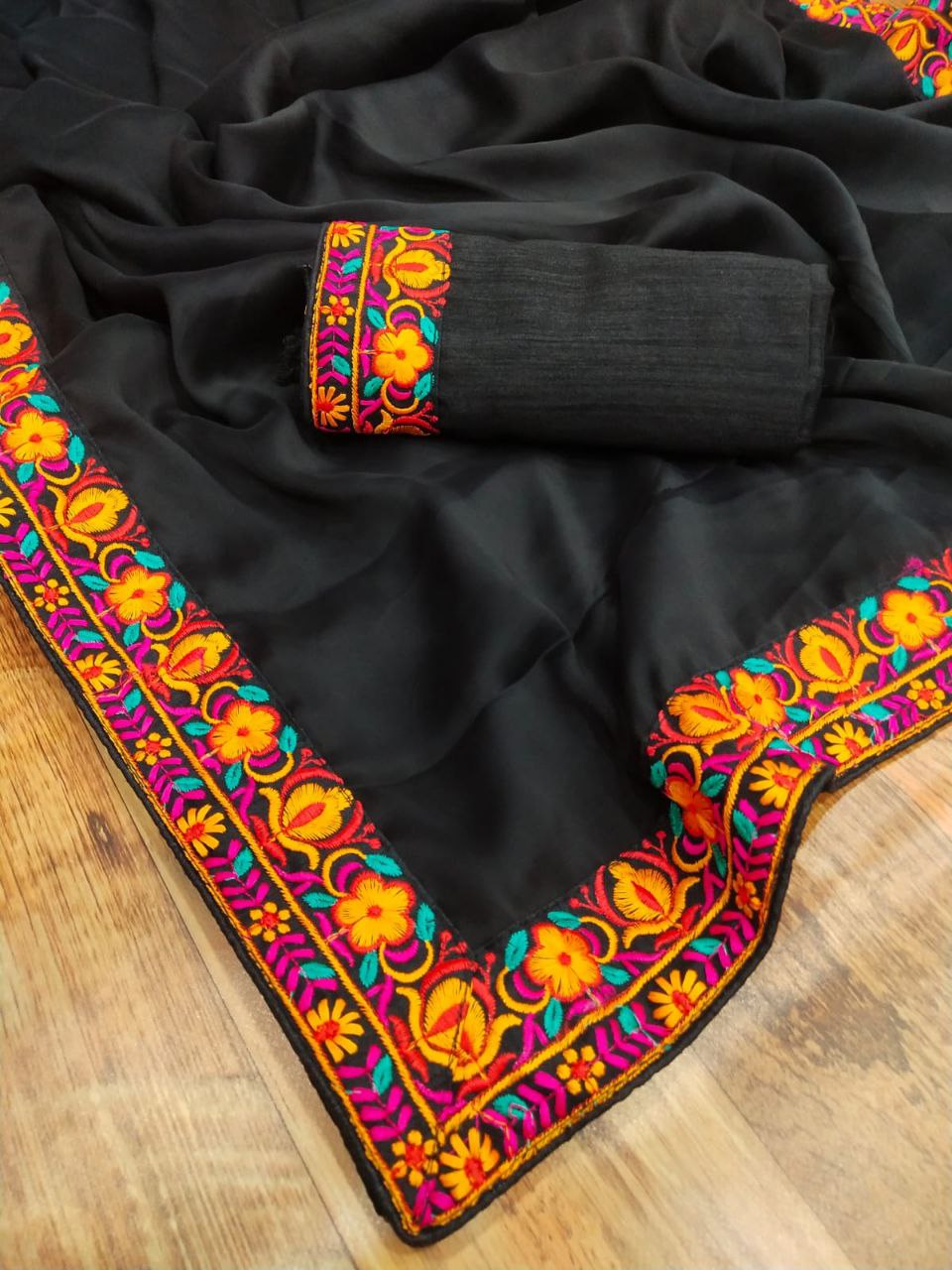 Black Saree In Rangoli Silk With Embroidery Work