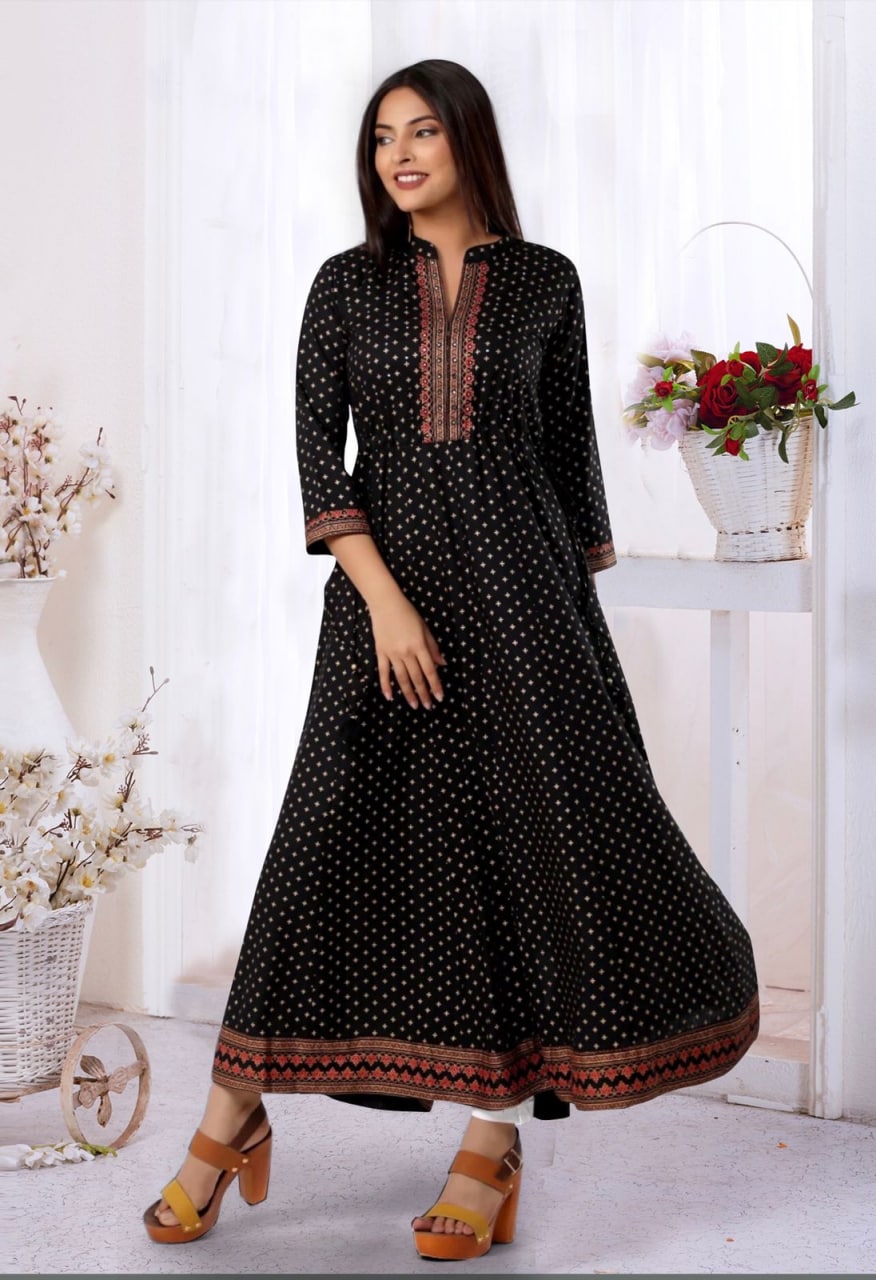 Black Anarkali Suit In Ryon Cotton With Foil Print Work