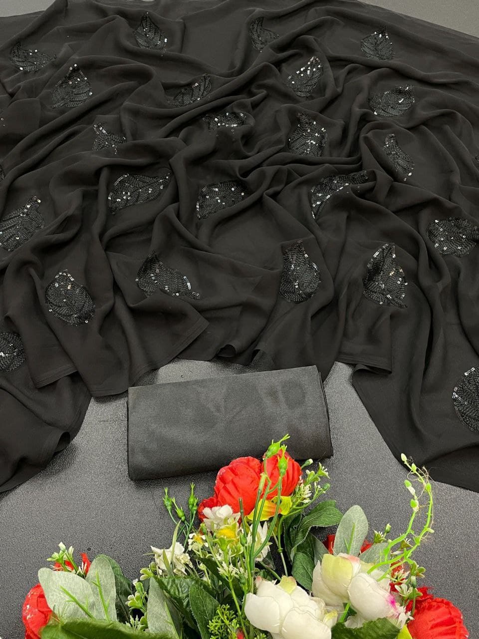 Black Saree In 60 GM Georgette With Sequence Work
