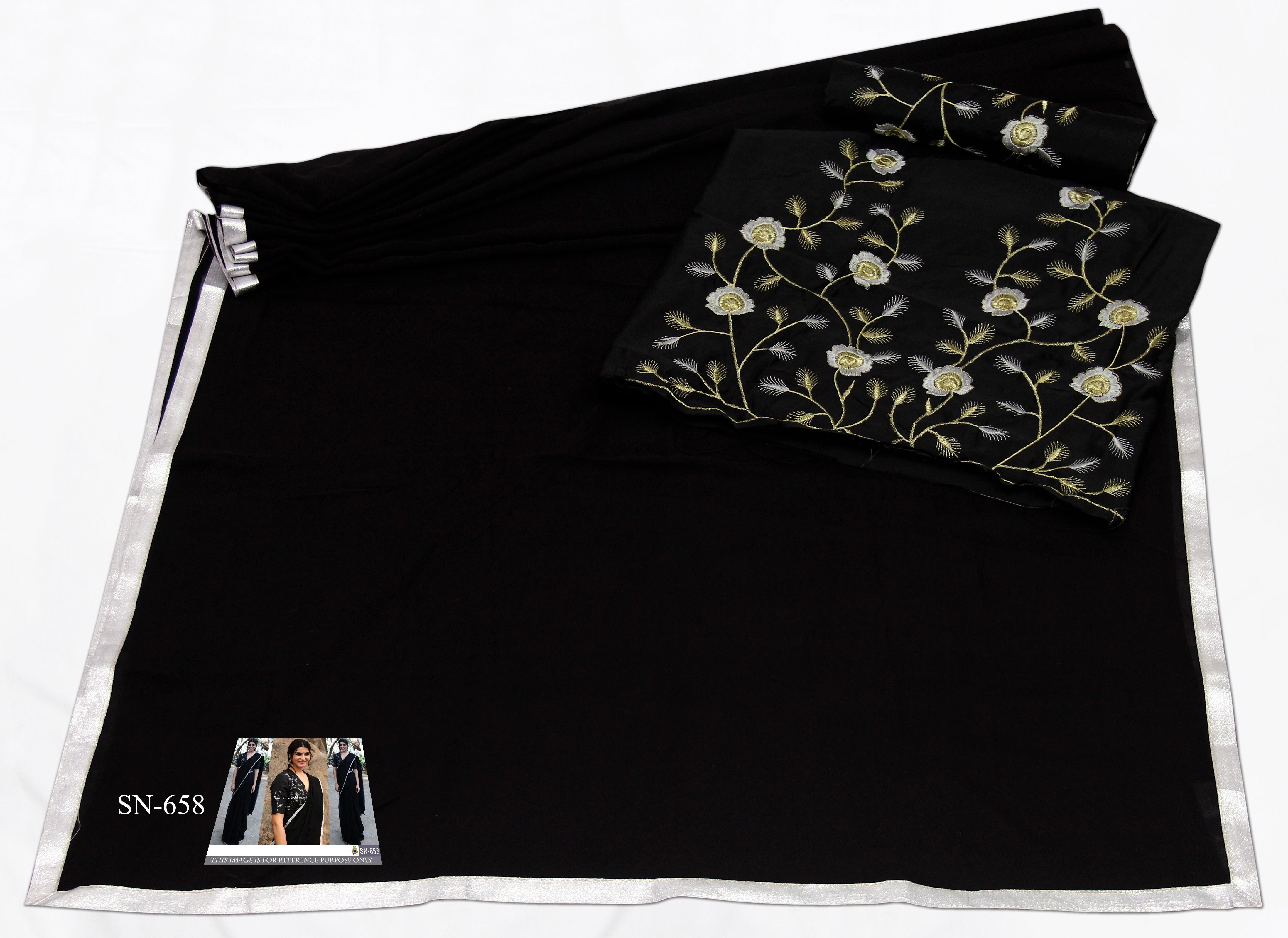 Black Saree In Georgette Silk With Thread Work