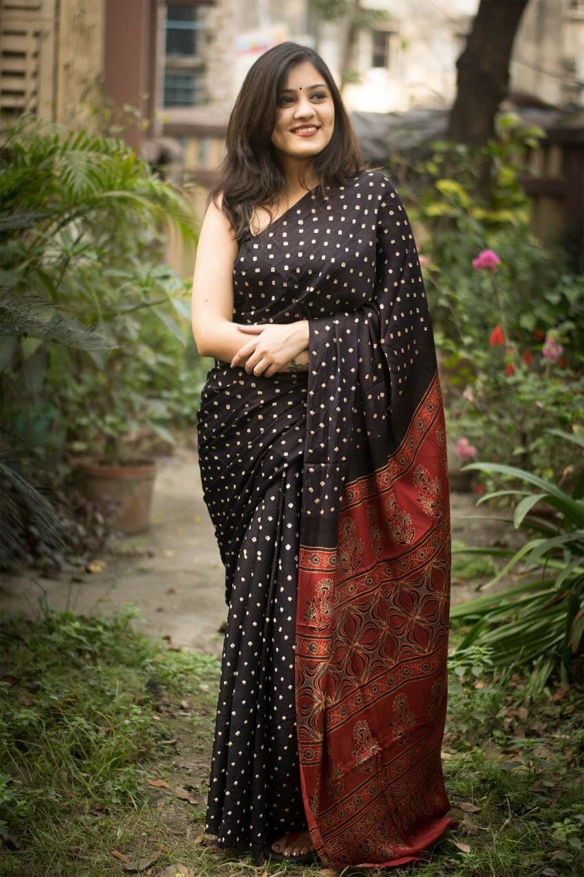 Black Saree In Heavy Satin Silk With Digital Print