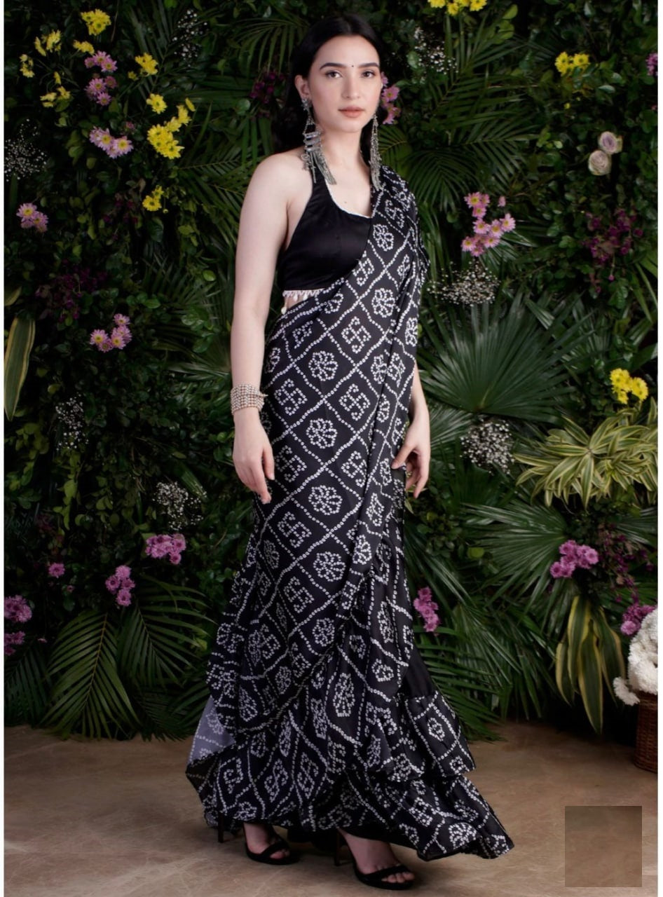 Black Saree In Satin With Digital Print