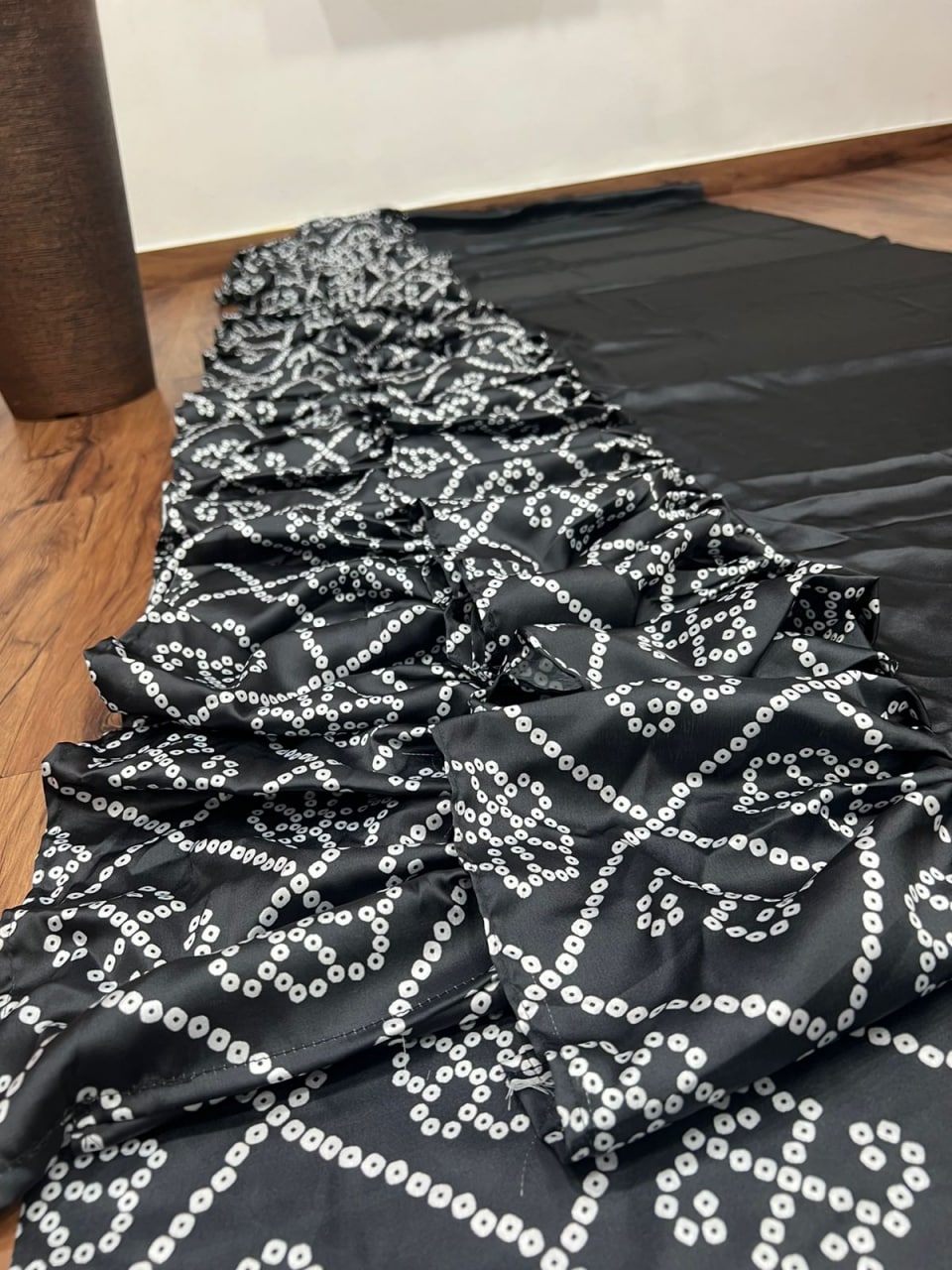 Black Saree In Satin With Digital Print