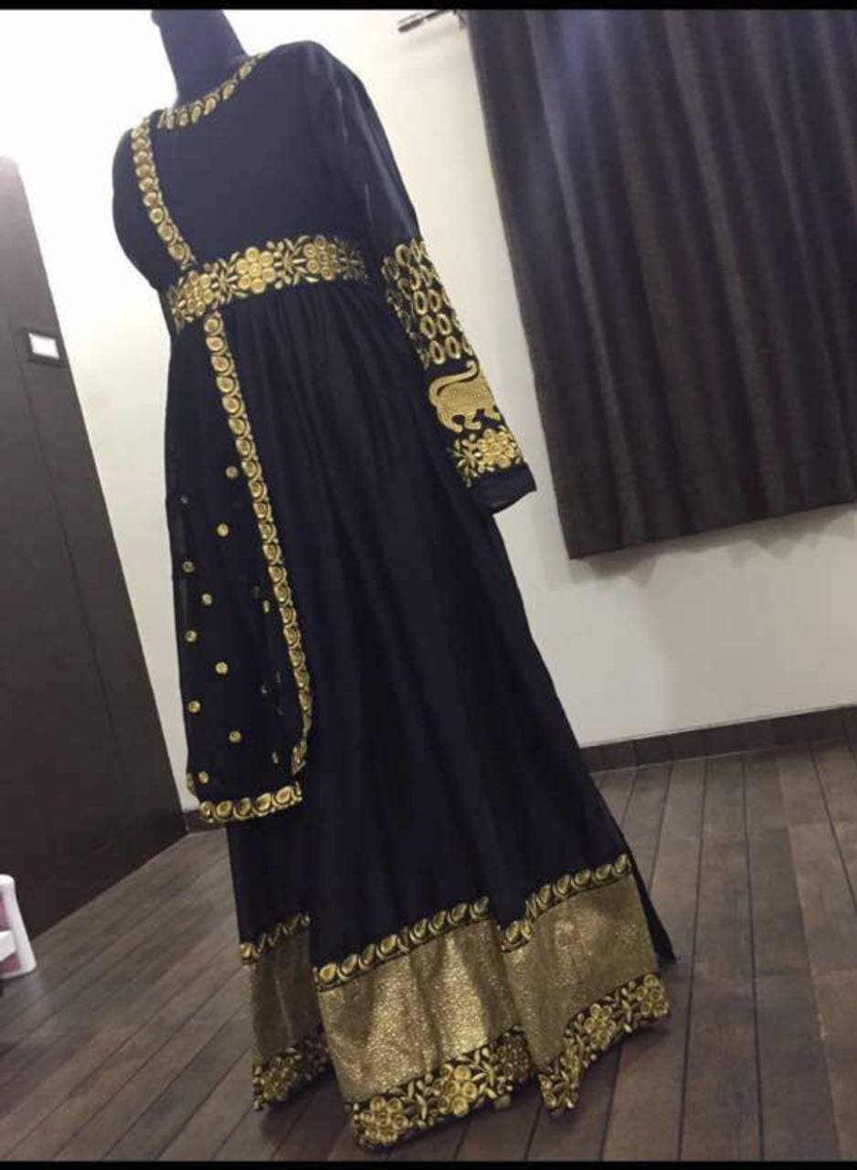 Black Anarkali Suit In Satin Georgette With Embroidery Work