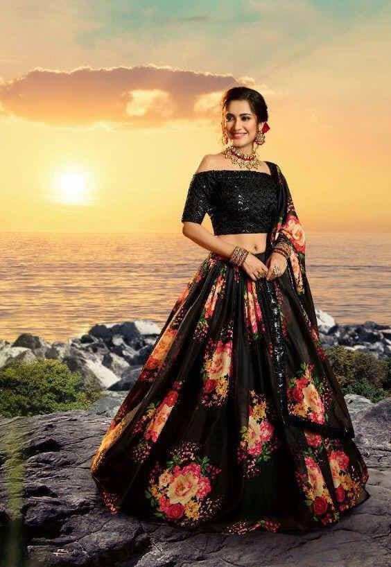 Black Lehenga Choli In Satin Silk With Digital Print