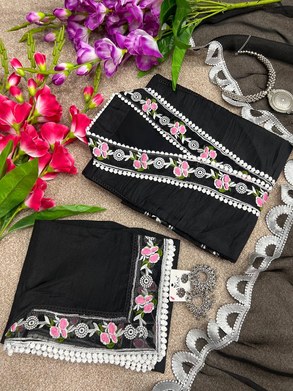 Black Salwar Suit In Soft Maska Cotton Silk With Embroidery Work