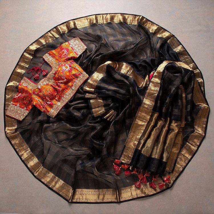 Black Saree In Soft Silk With Jacquard Work