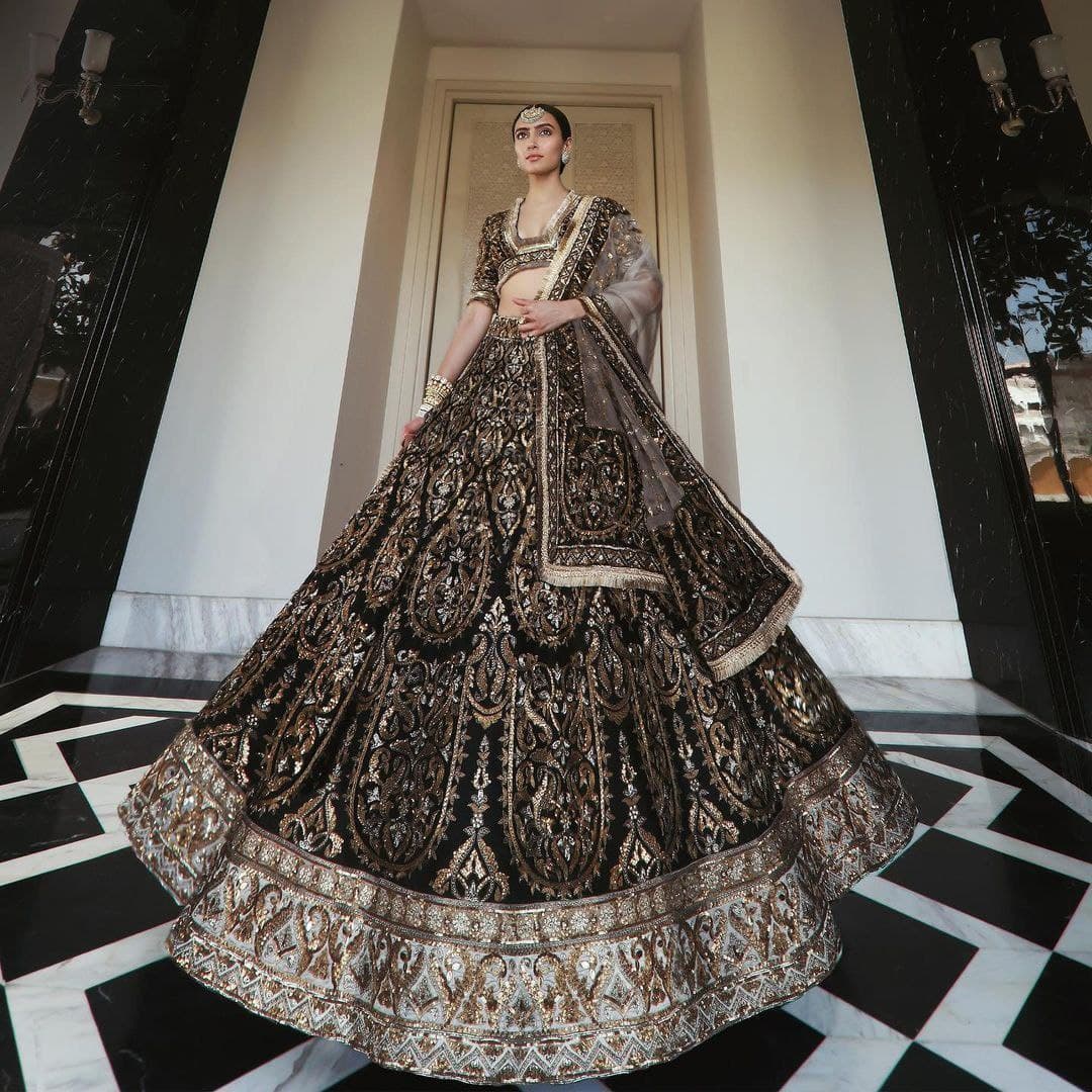 Black Lehenga Choli In Taffeta Silk With Chain Stitch Work