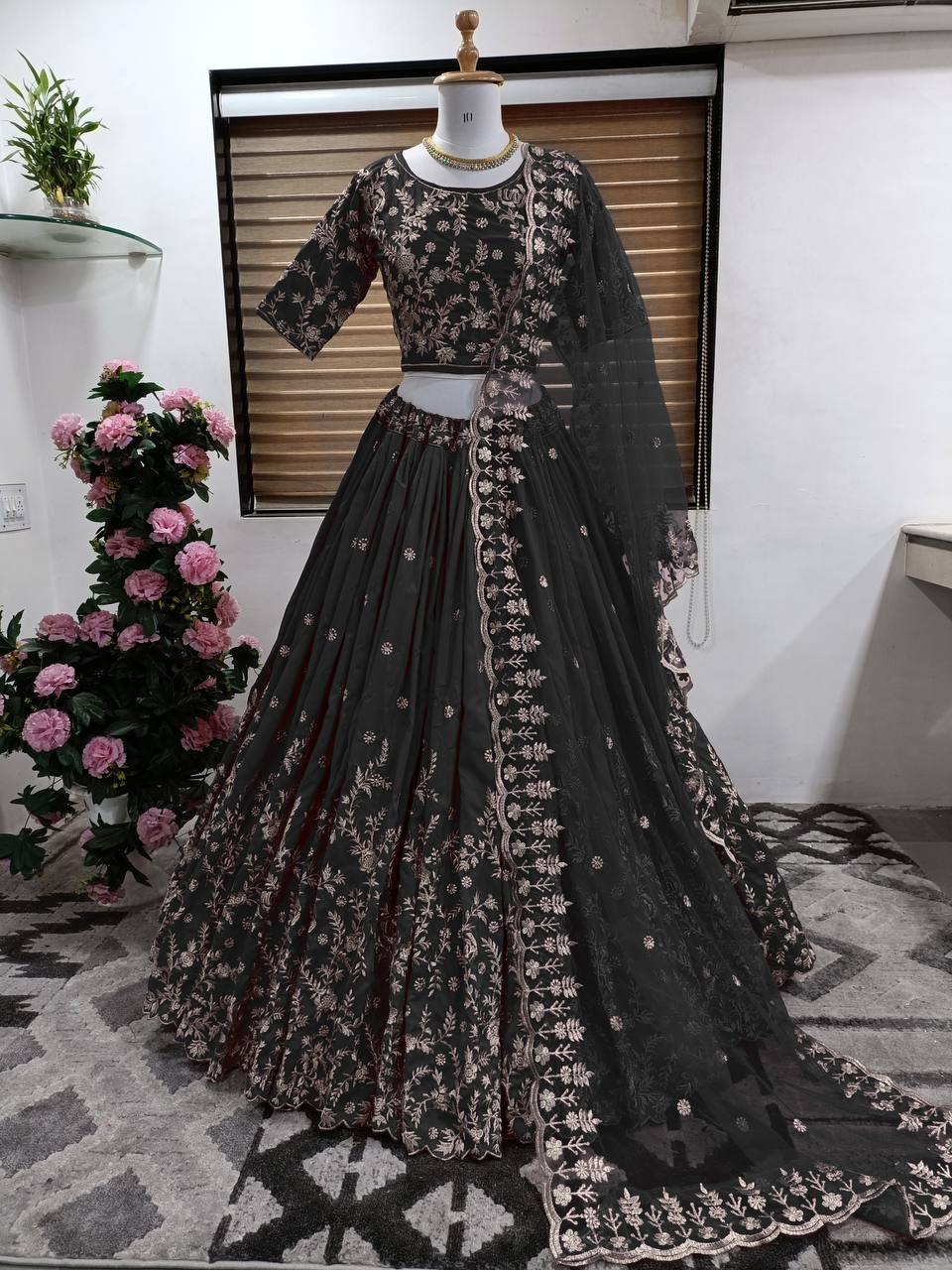 Black Lehenga Choli In Taffeta Silk With Embroidery Work